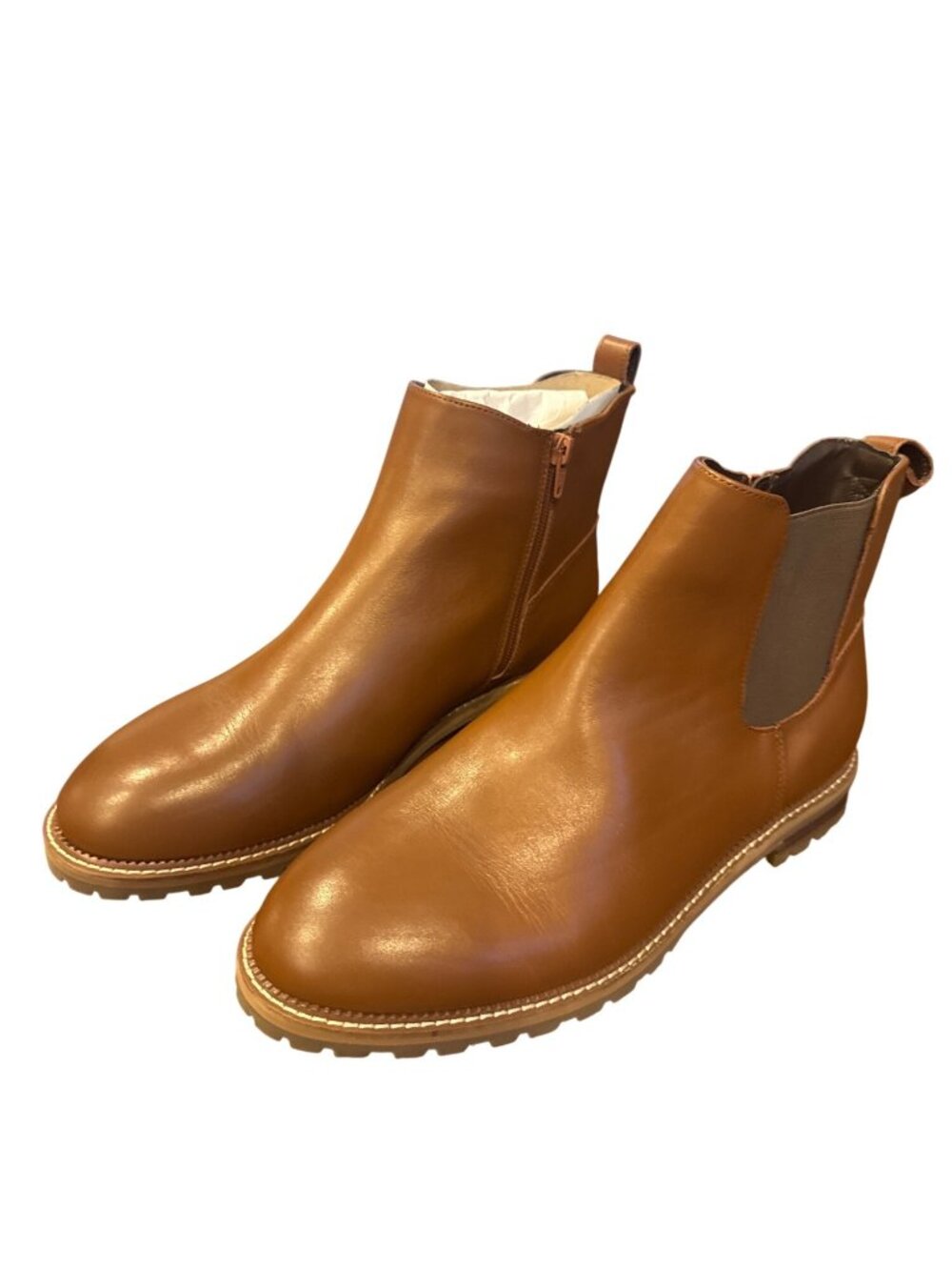 Lands' End Cognac Leather Chelsea Ankle Boots Side Zip Log Sole Womens 11B Box